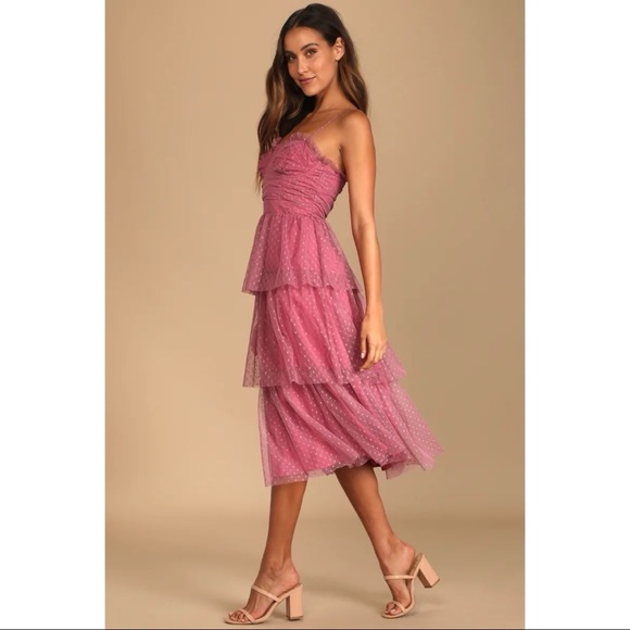 NWOT Lulus Sweetheart Style Mauve Polka Dot Bustier Tiered Midi Dress Small - Picture 4 of 12